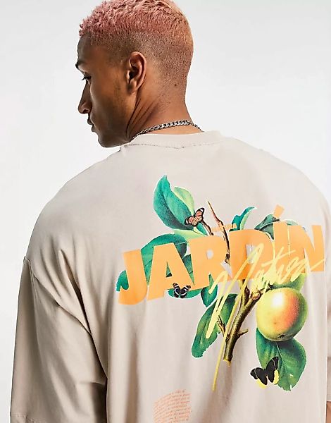 ASOS DESIGN – Oversize T-Shirt in Beige mit fotografischem Print hinten-Neu günstig online kaufen