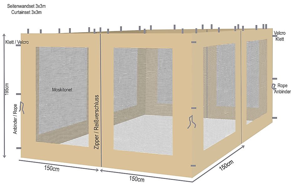 Quick Star Pavillonseitenteil 4 Seitenteile mit Netz Rankpavillon 3x3m Anth günstig online kaufen