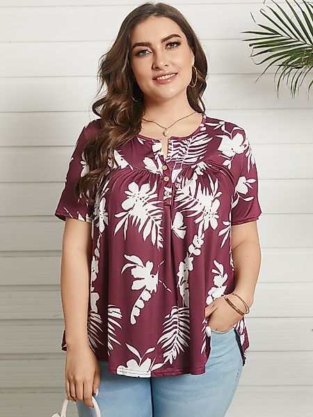 Plus Size Rundhals-T-Shirt mit tropischem Knopfdesign günstig online kaufen