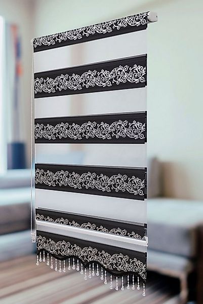 Doppelrollo Doppelrollo Klemmfix ohne Bohren schwarz Silber Rankenmuster Pe günstig online kaufen