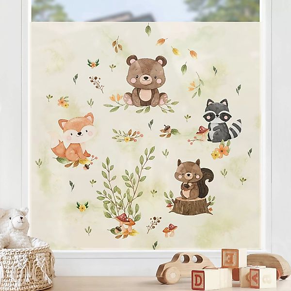 Fensterfolie Waldtiere Herbst Fuchs Bär Eichhörnchen Waschbär günstig online kaufen