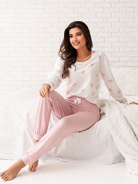 Donna Pyjama langarm Schlafanzug mit Herzchen All-Over-Print in Puder-rose günstig online kaufen