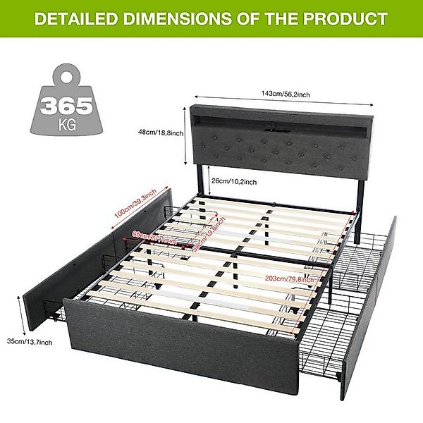 LETGOSPT Polsterbett LED Doppelbett 140x200cm Stauraum,Kopfteil,Lattenrost günstig online kaufen