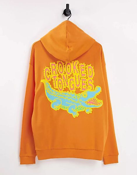 Crooked Tongues – Kapuzenpullover in Orange mit Krokodil-Print hinten günstig online kaufen