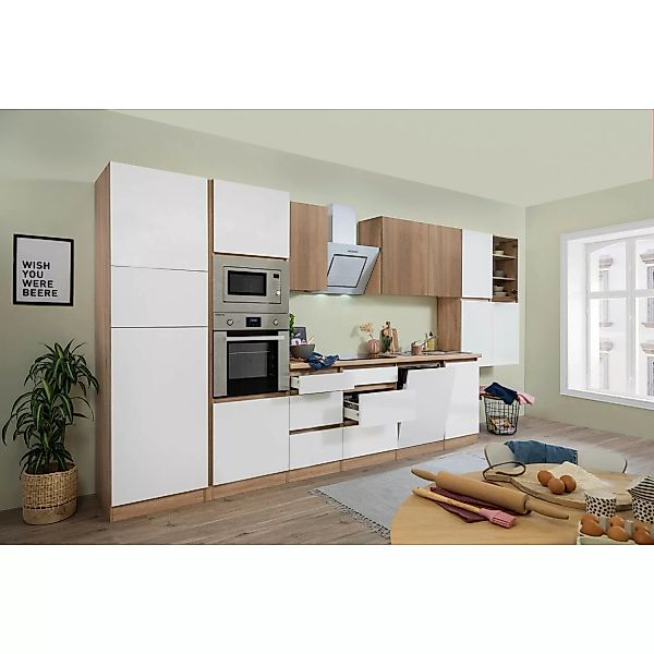 Respekta Premium Küchenzeile GLRP445HESWGKEOES Grifflos 445 cm Weiß Eiche N günstig online kaufen