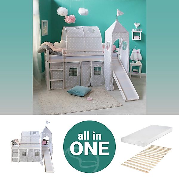 Homestyle4u Hochbett 90x200 Weiß mit Vorhang günstig online kaufen