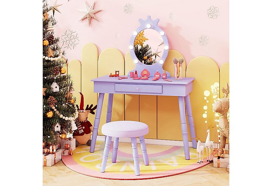 COSTWAY Schminktisch Kinderschminktisch mit Hocker, mit LED Beleuchtung günstig online kaufen