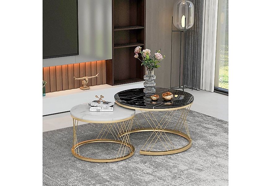 Odikalo Couchtisch Teetisch Kaffeetisch Marmoroptik Nest Rund Golden Frame günstig online kaufen
