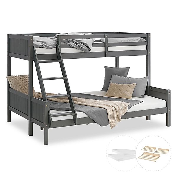 Homestyle4u Etagenbett 90x200 und 140x200 in Grau mit Lattenrost und 2 Matr günstig online kaufen