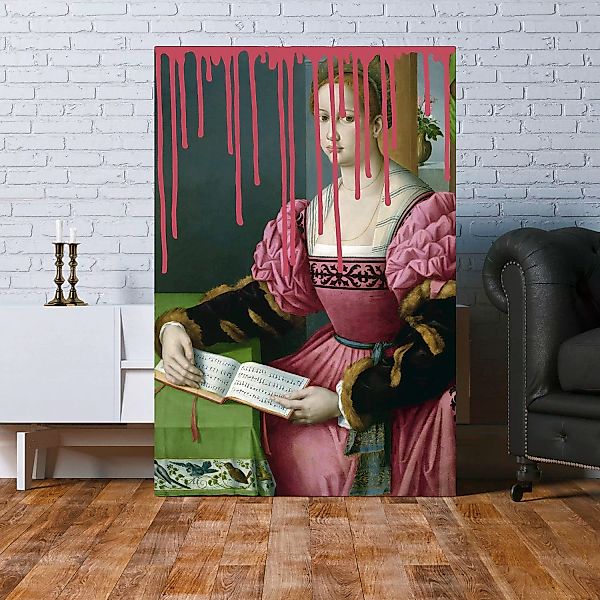 queence Acrylglasbild "Frau mit Buch mit Farbklecks", Kunst-Gemälde-Frau-Bi günstig online kaufen