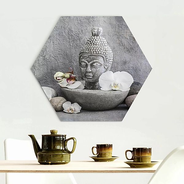Hexagon-Alu-Dibond Bild Zen Buddha, Orchideen und Steine günstig online kaufen