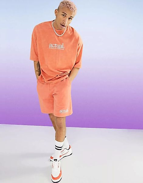 ASOS Actual – Shorts in verwaschenem Orange mit Logoprint, Kombiteil günstig online kaufen