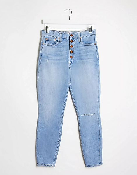 Alice & Olivia – Blaue Skinny-Jeans mit hohem Bund und sichtbaren Knöpfen günstig online kaufen
