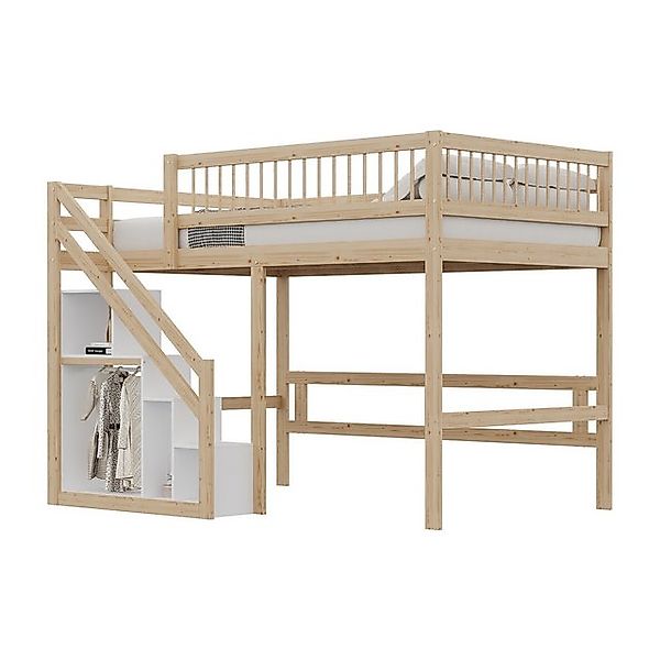 Flieks Hochbett Massivholz Einzelbett Kinderbett 90x200cm mit Stauraumtrepp günstig online kaufen