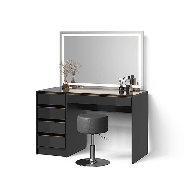 Livinity® Schminktisch Imola, Schwarz/Gold/Gold, mit LED-Spiegel und Hocker günstig online kaufen