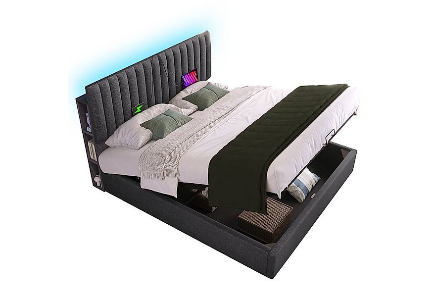 Flieks Polsterbett, LED Doppelbett mit Ladefunktion und Stauraumfächer 140x günstig online kaufen