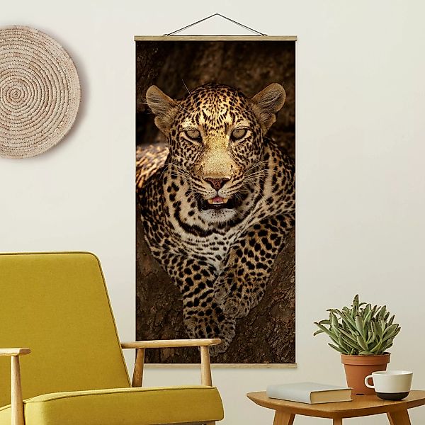 Stoffbild Tiere mit Posterleisten - Hochformat Leopard ruht auf einem Baum günstig online kaufen