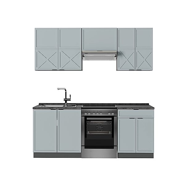 Vicco Fame-Line Küchenschränke Hellblau-grau/Anthrazit 200 cm AP Anthrazit günstig online kaufen