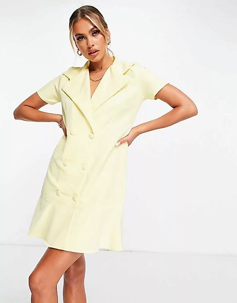 Lasula – Kurzes Blazer-Kleid in Zitronengelb mit Knöpfen und Rüschensaum günstig online kaufen