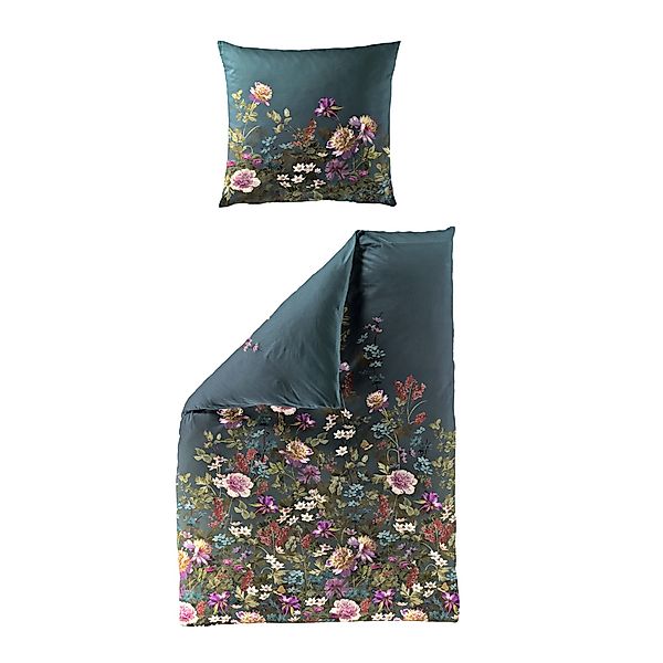 Bettwäsche Bierbaum Mako Satin 5323-20 Blumen Ozeanblau Grün 135x200 günstig online kaufen