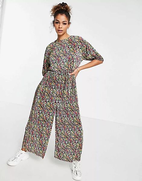 ASOS DESIGN – Gesmokter Plissee-Jumpsuit mit Blumenmuster-Mehrfarbig günstig online kaufen
