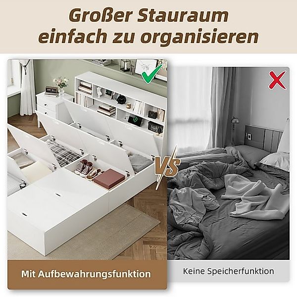Odikalo Stauraumbett Doppelbett Funktionsbett Massivholzbett mit USB, Weiß günstig online kaufen
