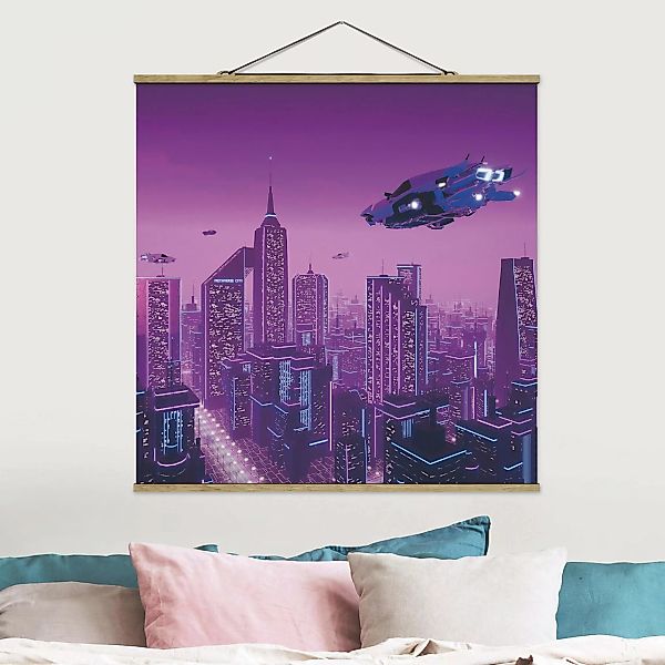 Stoffbild mit Posterleisten Stadt im Neonlicht mit Raumschiffen günstig online kaufen