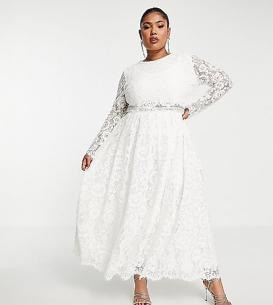 ASOS EDITION Curve – Kate – Hochzeitskleid aus weißer Spitze in Midilänge günstig online kaufen
