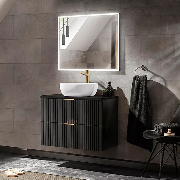 Badmöbel Waschplatz Set, schwarz matt gerillt, Keramik Waschbecken, LED Spi günstig online kaufen