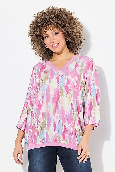 Ulla Popken Druckbluse Bluse Krepp Rippsaum V-Ausschnitt 3/4-Arm günstig online kaufen