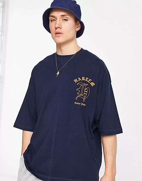 ASOS DESIGN – Oversize-T-Shirt in Marineblau mit Print auf der Brust günstig online kaufen