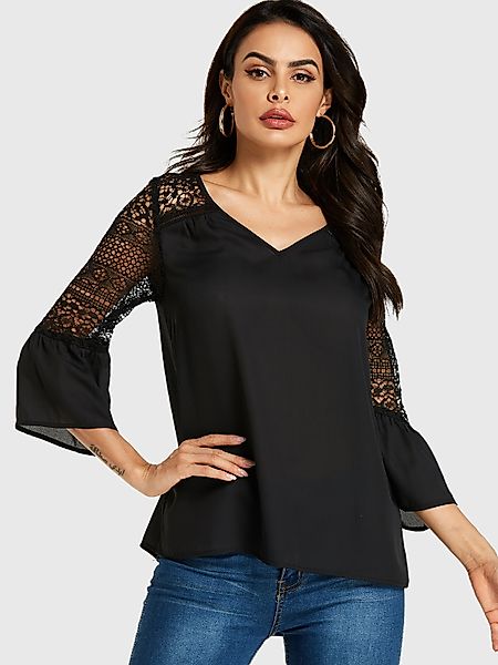 YOINS Black Lace Insert Bluse mit V-Ausschnitt und Glockenärmeln günstig online kaufen