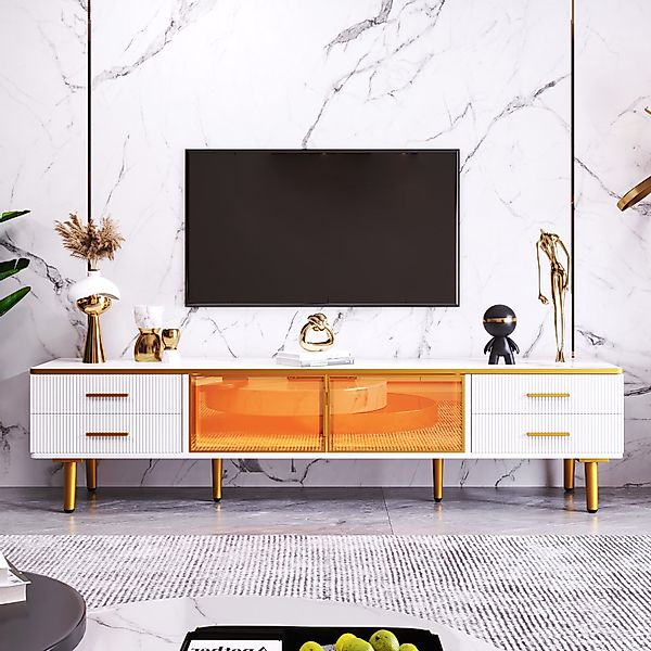 TV-Schrank 170x47 cm Weiß und Gold Glas Aluminium LED-Beleuchtung 4 Schubla günstig online kaufen