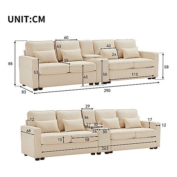Ulife Sofa 4-Sitzer-Sofa mit Konsole, Armlehnentaschen und 4 Kissen, 2 Getr günstig online kaufen