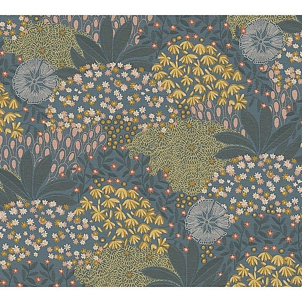 PROFHOME 387404-GU Blumen Tapete Floral Matt Türkis Petrol Gelb 0,53 m x 10 günstig online kaufen