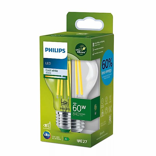 Philips Ultra Efficient LED Filament Lampe ersetzt 60W E27 Birne - A60 4W 8 günstig online kaufen