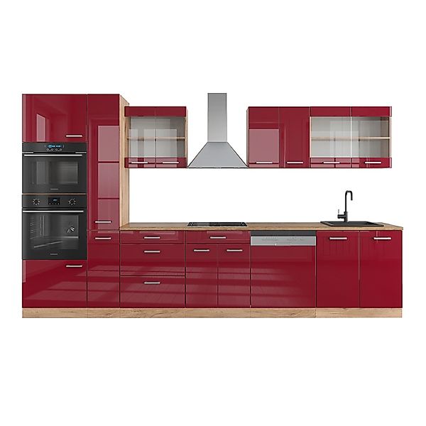 Vicco R-Line Küchenzeile Bordeaux Hochglanz/Goldkraft Eiche 350 cm mit Hoch günstig online kaufen