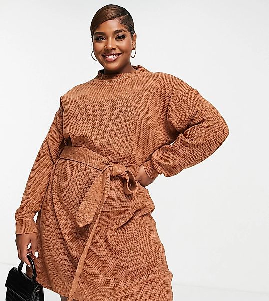 Glamorous Curve – Langärmliges, kurzes Pulloverkleid mit Bindegürtel an der günstig online kaufen