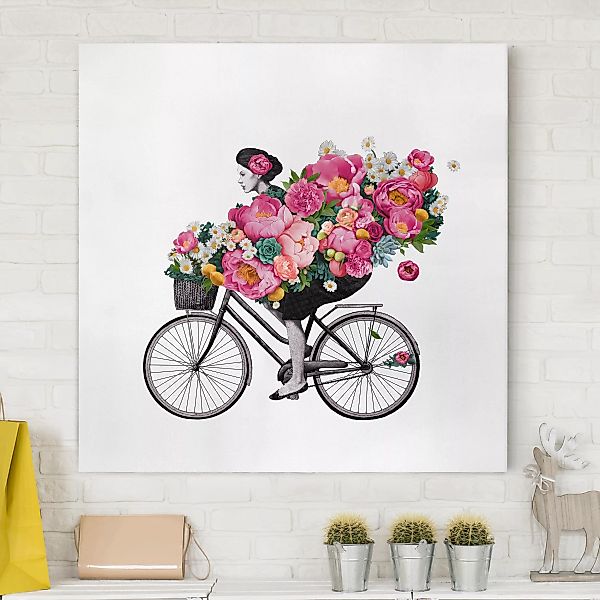 Leinwandbild - Quadrat Illustration Frau auf Fahrrad Collage bunte Blumen günstig online kaufen