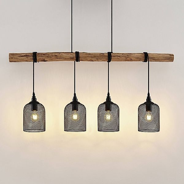 Lindby Hängeleuchte Elrond, 116 cm, schwarz, 4-flammig, Holz günstig online kaufen