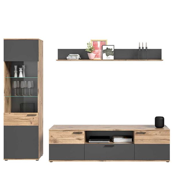 Wohnzimmer Anbauwand in Wildeichefarben und Grau 200 cm hoch (dreiteilig) günstig online kaufen