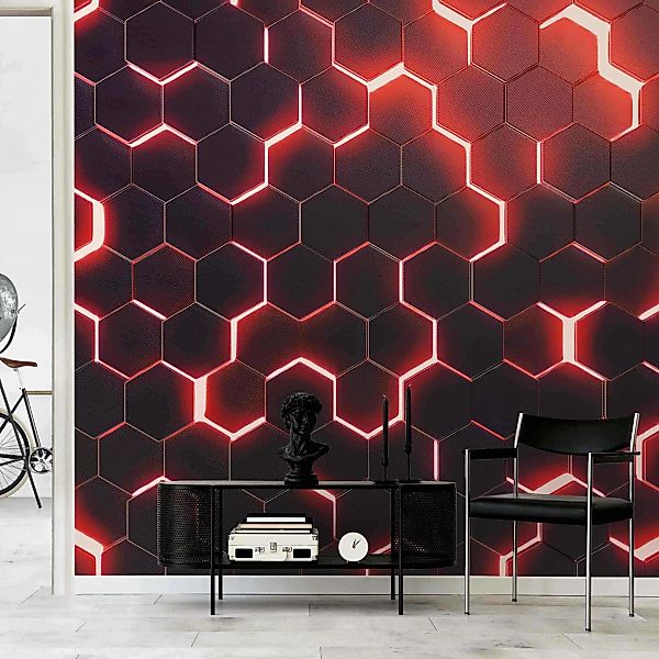 Fototapete Strukturierte Hexagone mit Neonlicht in Rot günstig online kaufen