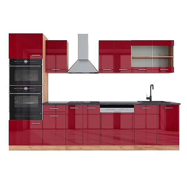 Vicco R-Line Küchenzeile Bordeaux Hochglanz/Goldkraft Eiche 300 cm mit Hoch günstig online kaufen