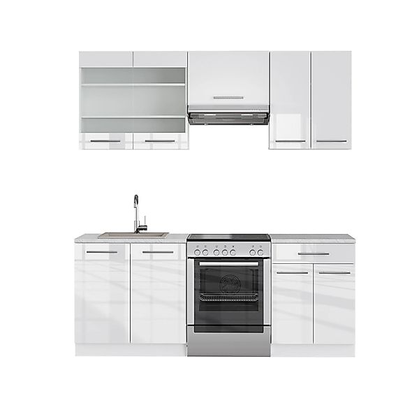 Vicco Fame-Line Küchenschränke Weiß Hochglanz/Weiß 200 cm AP Marmor günstig online kaufen