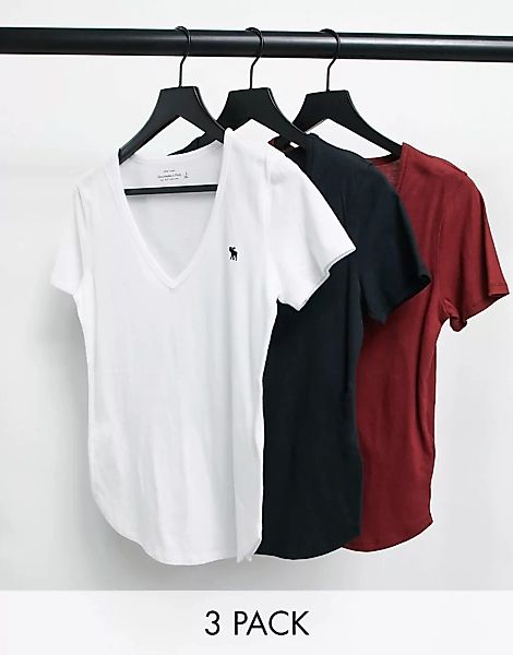 Abercrombie & Fitch – 3er-Pack mehrfarbige, kurzärmlige T-Shirts mit V-Auss günstig online kaufen