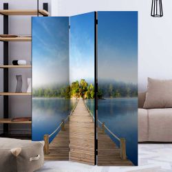 Moderner Raumteiler aus Leinwand und Massivholz Brücke im See Print günstig online kaufen