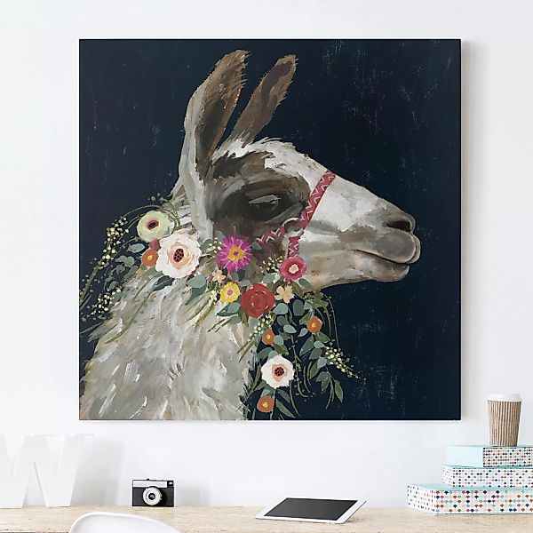Leinwandbild Tiere - Quadrat Lama mit Blumenschmuck I günstig online kaufen