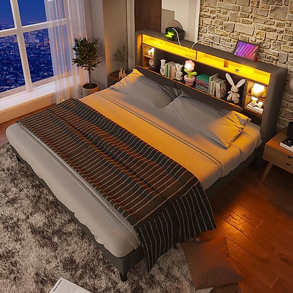 Flieks Polsterbett, LED-Beleuchtung Doppelbett mit Steckdose günstig online kaufen