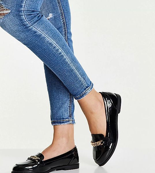New Look Wide Fit – Lack-Loafer mit Kettendetail in Schwarz günstig online kaufen