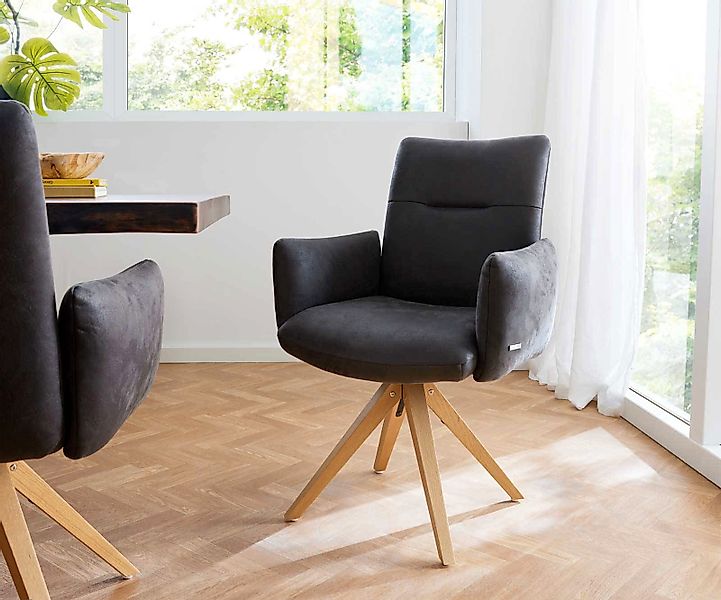 Drehstuhl Jova-Flex mit Armlehnen Mikrofaser Anthrazit Vintage Holzgestell günstig online kaufen